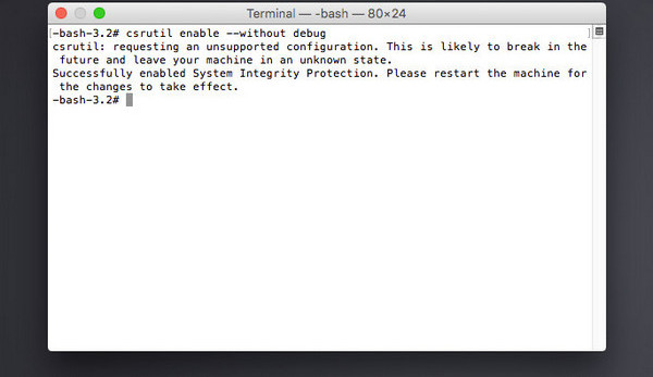 csrutil enable --without debugを入力します