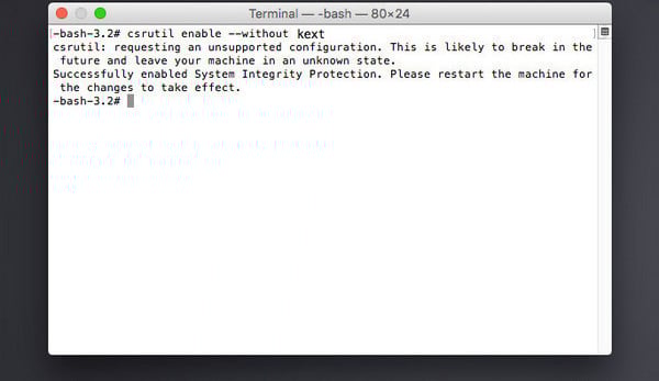 csrutil enable --without kext を入力します