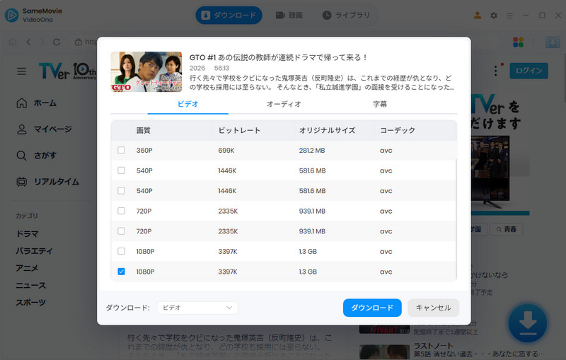 動画の出力画質、形式、字幕などを設定